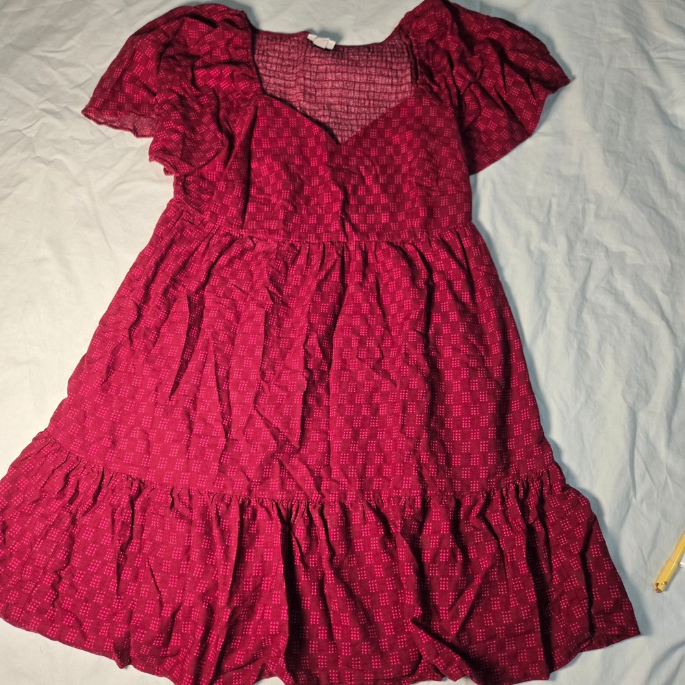 Ava & Viv Womens Red Textured Cotton Smocked Tiered Babydoll Mini Dress Size X